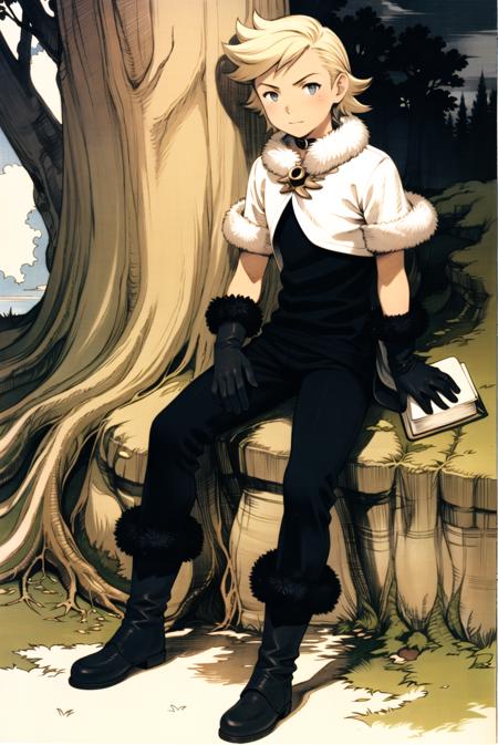 00438-1524478775-yoshida akihiko, __1boy, black gloves, blonde hair, book, boots, drop shadow, elbow gloves, full body, fur collar, gloves, pants.png